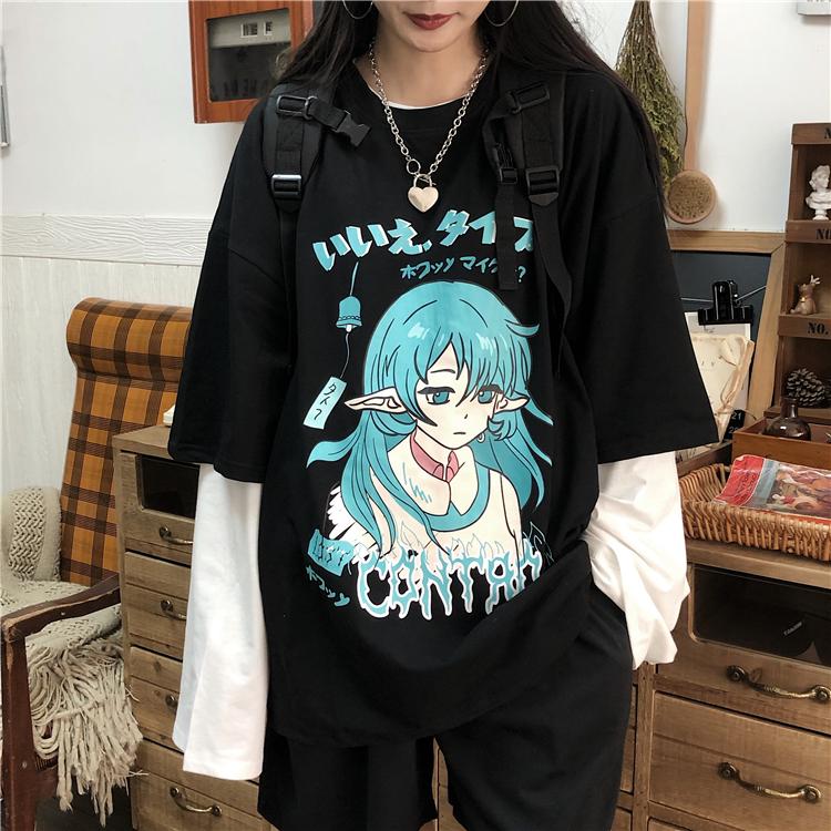 White Black Anime Girl Japanese Print Loose Shirt