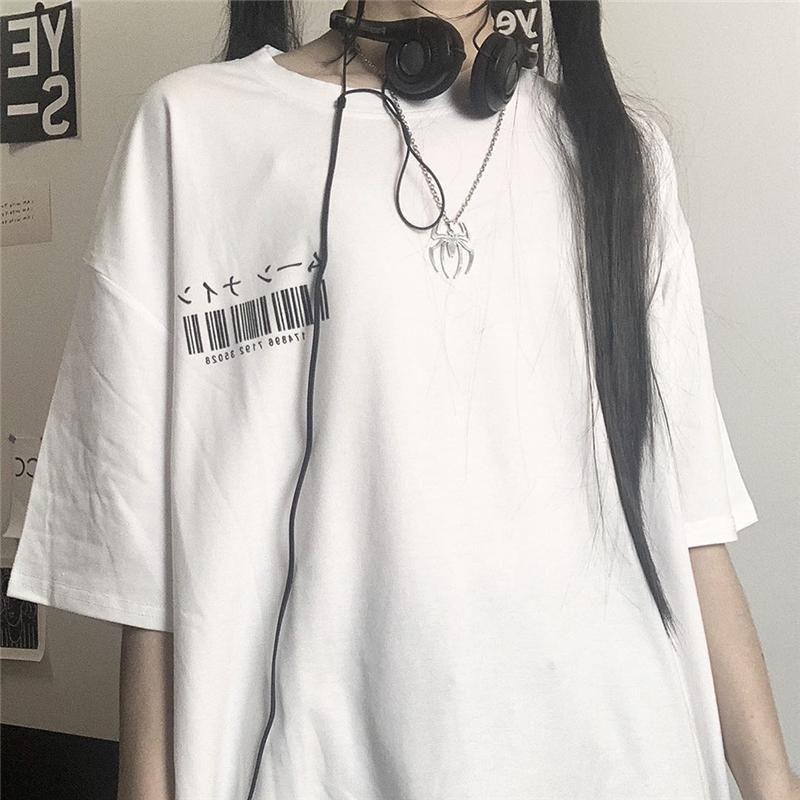 White Black Barcode Print Japanese Egirl Loose T-Shirt