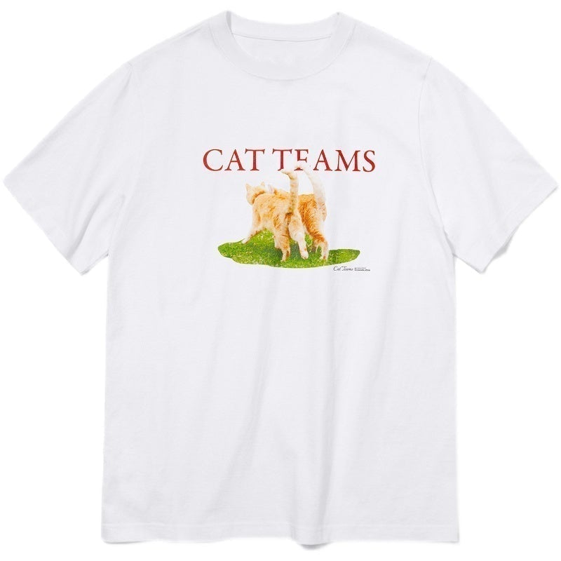 itGirl Shop WHITE FUNNY CAT TEAMS MEME PRINT LOOSE T-SHIRT