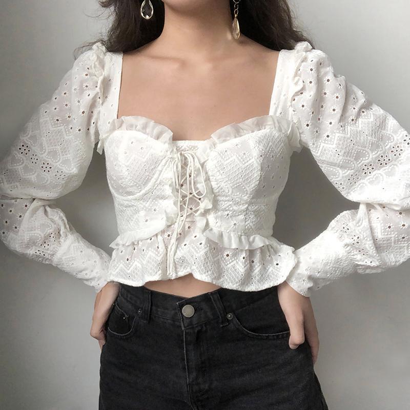 itGirl Shop WHITE LACE UP BUSTIER RIFFLED CROP MESH BLOUSE