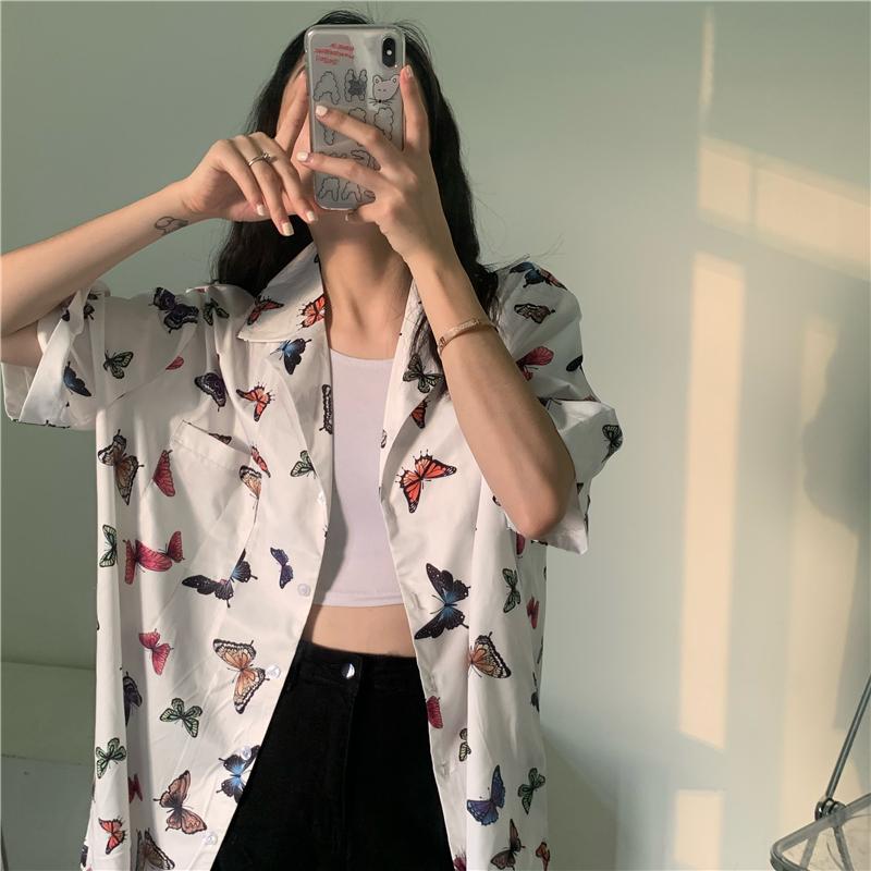 White Retro Colorful Butterfly Print Loose Shirt