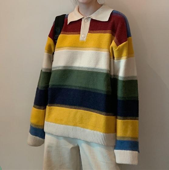 itGirl Shop WIDE COLORFUL STRIPES POLO COLLAR LOOSE SWEATER