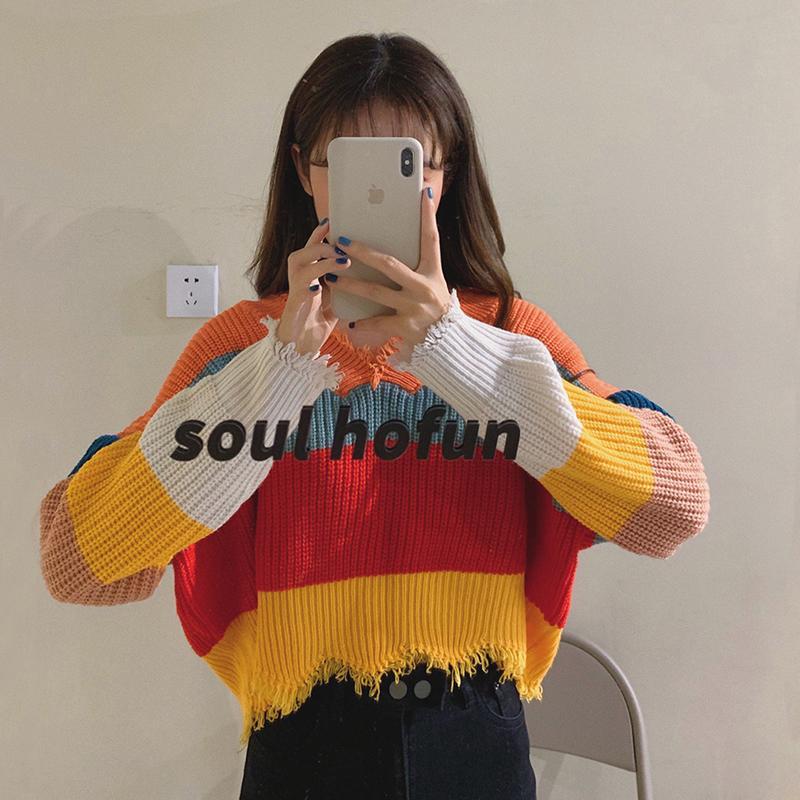 itGirl Shop WIDE RAINBOW STRIPES ULZZANG KNIT LOOSE CROPPED SWEATER