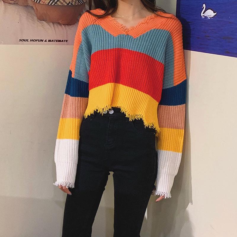 itGirl Shop WIDE RAINBOW STRIPES ULZZANG KNIT LOOSE CROPPED SWEATER