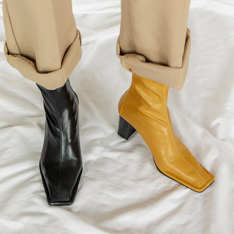 itGirl Shop YELLOW BLACK SQUARE TOE PU LEATHER SOCK BOOTS