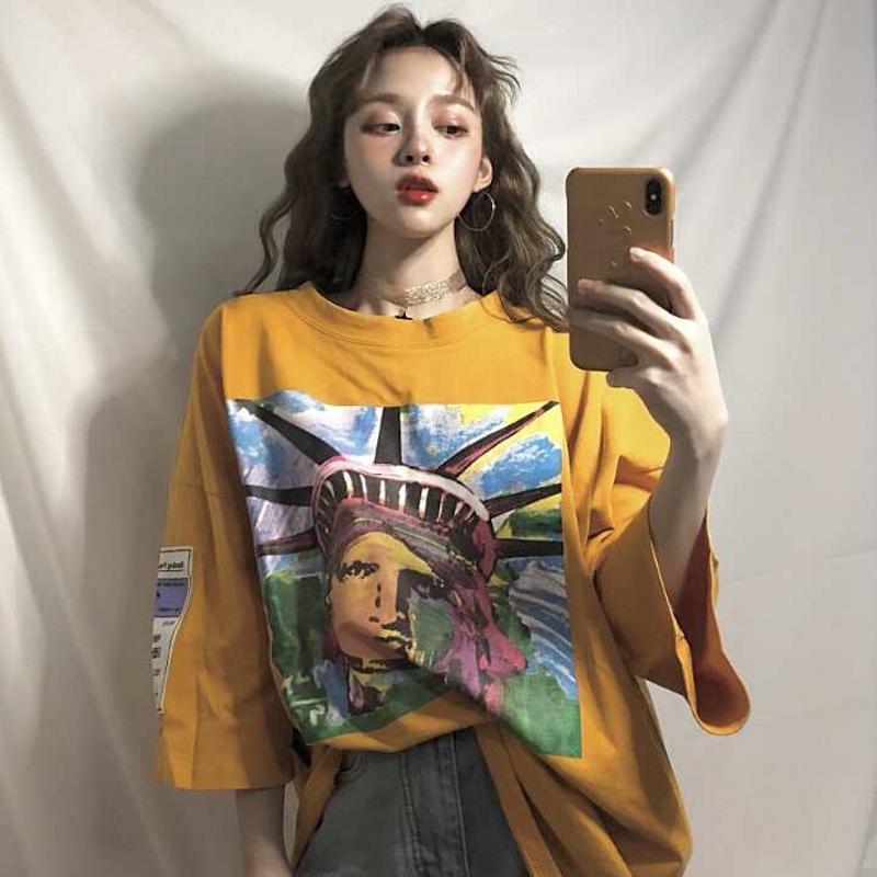 itGirl Shop YELLOW BLUE STATUE OF LIBERTY COLORFUL PRINT OVERSIZE LONG T-SHIRT