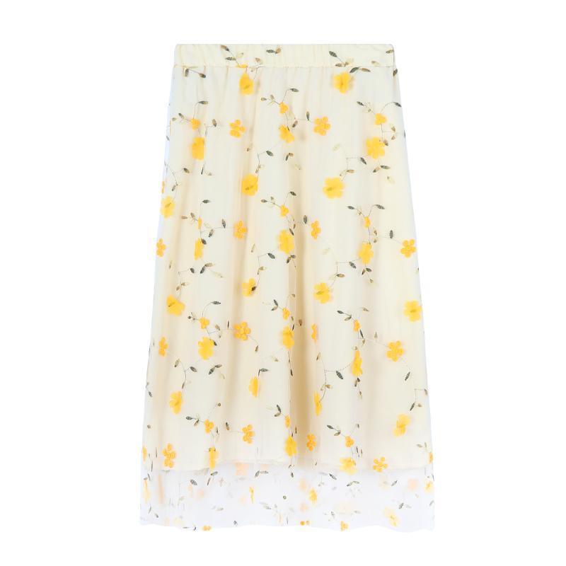 Yellow Spring Flowers Pastel Aesthetic Mesh Long Skirt