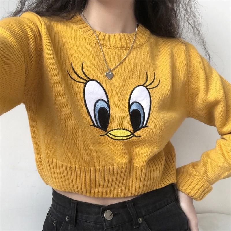 itGirl Shop YELLOW TWEETY EMBROIDERY KNITTED CROP SWEATER