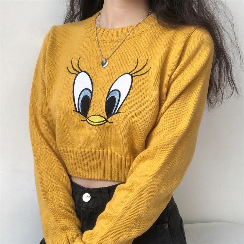 itGirl Shop YELLOW TWEETY EMBROIDERY KNITTED CROP SWEATER